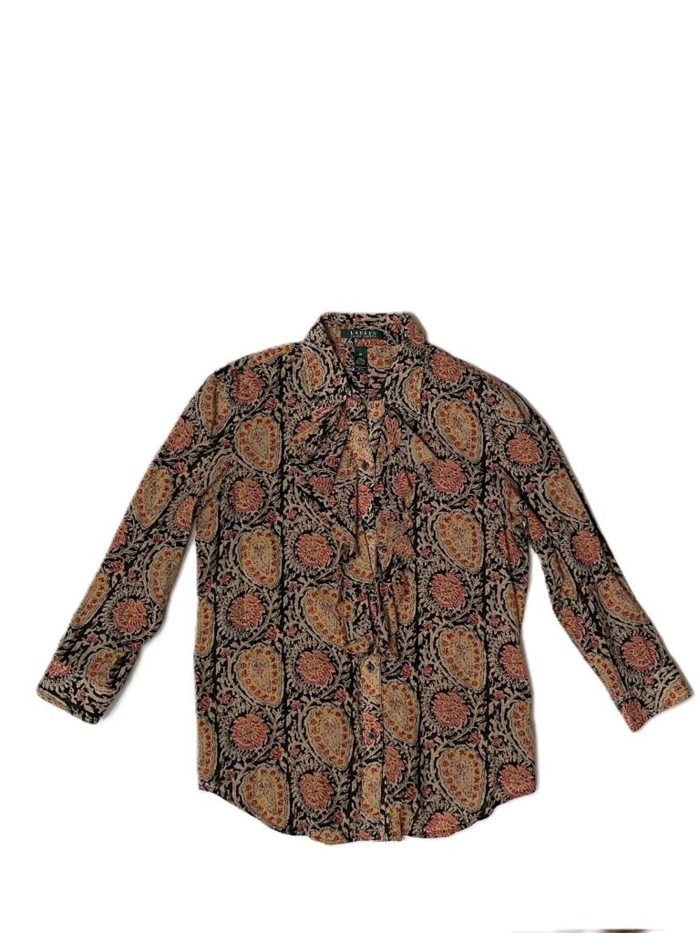 Lauren Ralph Lauren Blouse Women's M Ruffle Paisley Button 3/4 Sleeve Top Cotton